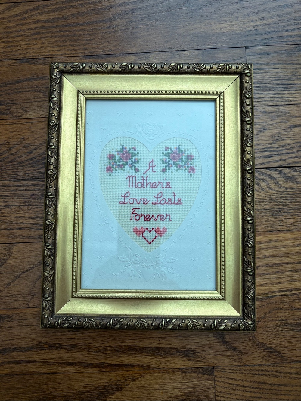 A Mother's Love Lasts Forever Framed Cross Stitch Heart Cutout Gold Frame Decor